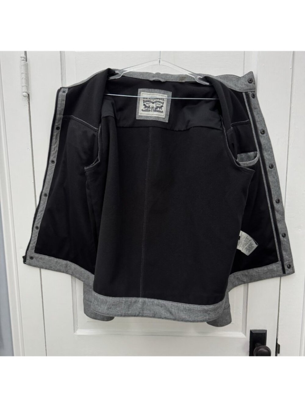 Levi’s Gray Hooded Trucker Jacket L Snap Front Fleece Lined Hidden Hood FLAW - Picture 8 of 14